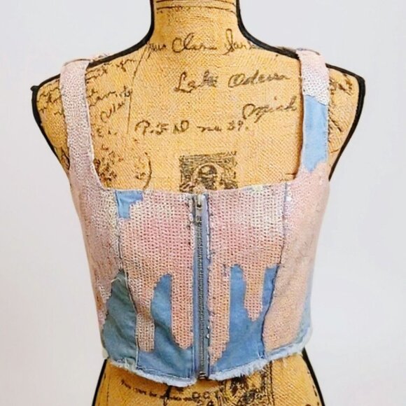 Sugar Thrillz Sequin Bustier Denim Crop Top w/ Zipper Front & Pink Sparkle – S - Picture 5 of 7